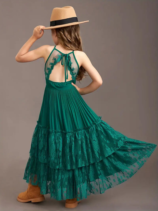 Arianny Summer Dress - Girls' Halter Lace Maxi Dress - Backless - Hunter Green