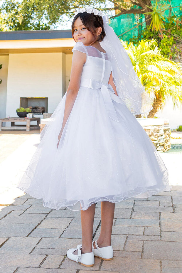 STYLE NO : 2019 Beautiful shinny crystal tulle cap sleeve T-length communion dress with beads and laces, back satin sash, adorned with 3D flower lace.