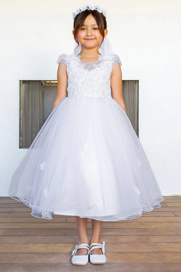 STYLE NO : 2018 Beautiful shinny crystal tulle cap sleeve T-length communion dress with beads and laces, back satin sash, adorned with 3D flower lace.