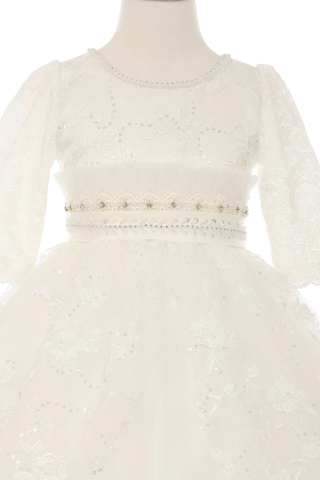 Style# 2908 Communion Dress Elegant 3/4 sleeve decorated with rhinestone and beaded waistline,