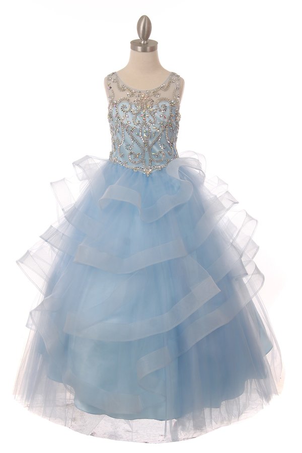 Style #8003 Coop neckline with a jewel beaded, rhinestone and sequin bodice Pageant Gown
