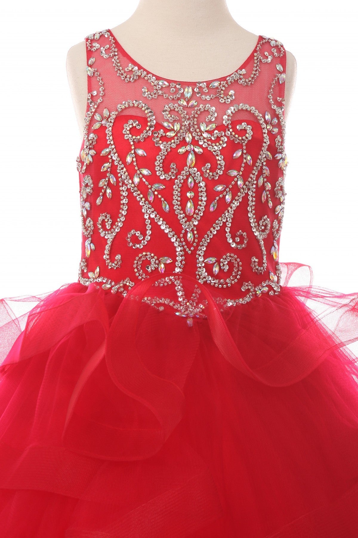 Style #8003 Coop neckline with a jewel beaded, rhinestone and sequin bodice Pageant Gown