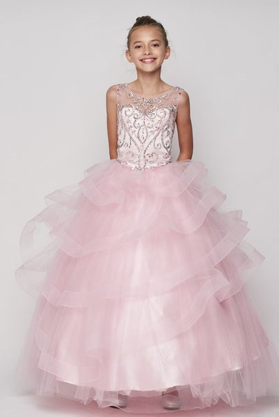 Style #8003 Coop neckline with a jewel beaded, rhinestone and sequin bodice Pageant Gown