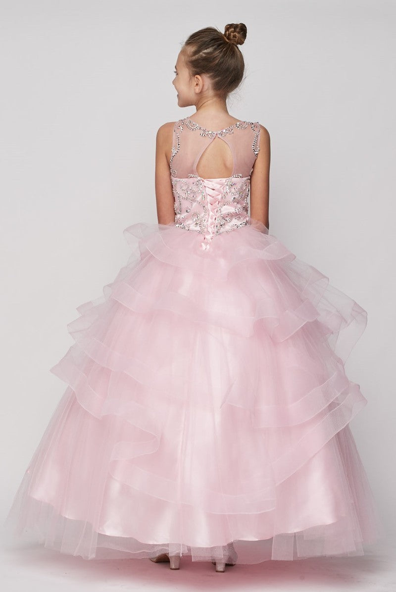 Style #8003 Coop neckline with a jewel beaded, rhinestone and sequin bodice Pageant Gown