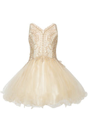 Style #5086 Elegant gold stone foil short tulle dress