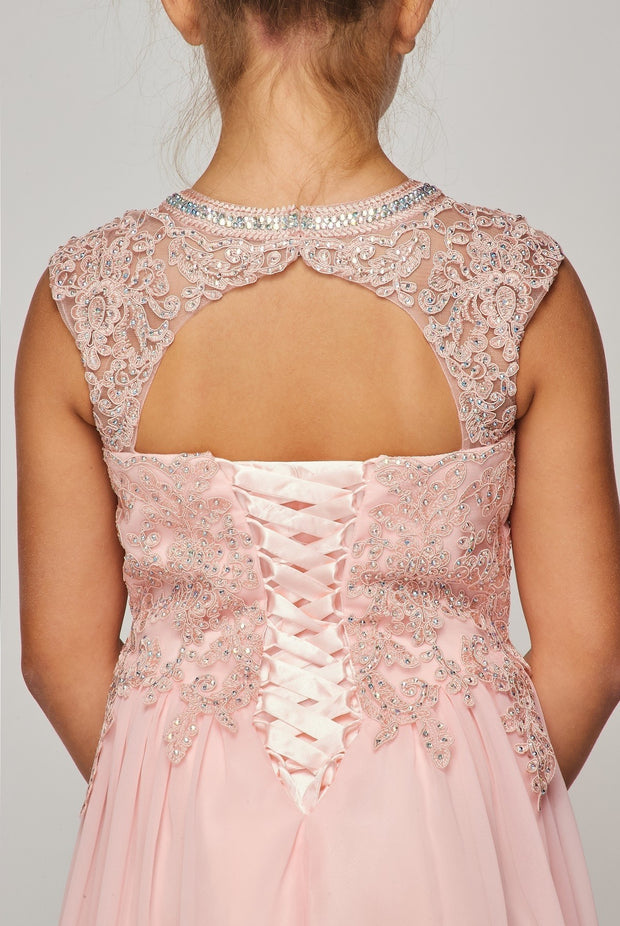 Style #5084 Sparkly AB stone halter sweet heart neckline lace chiffon floor length dress