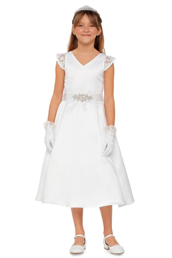Style# 2009 Communion satin dress with cap lace sleeve
