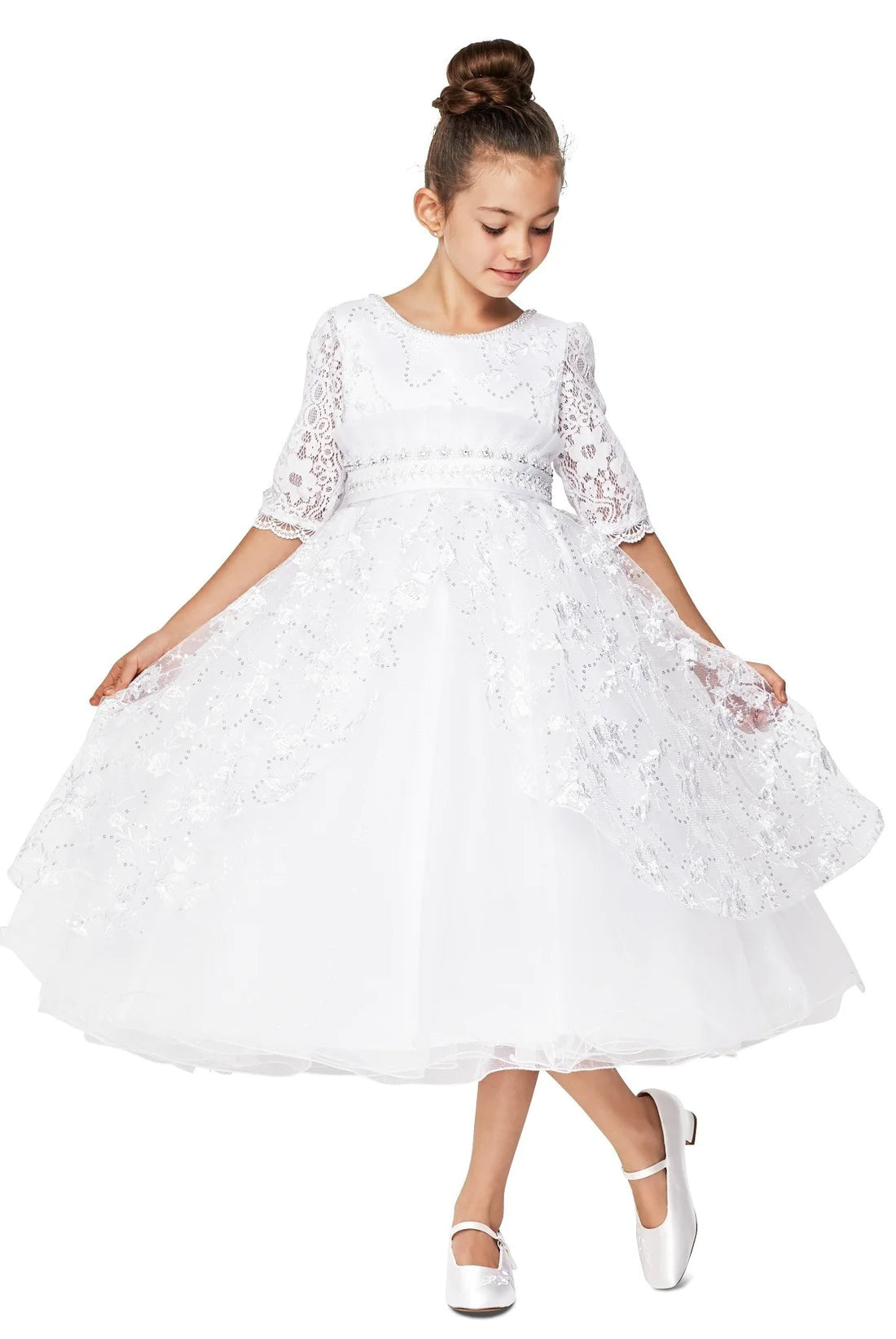 Style# 2908 Communion Dress Elegant 3/4 sleeve decorated with rhinestone and beaded waistline,