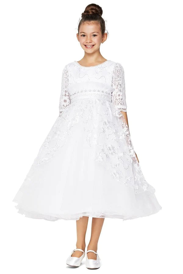 Style# 2908 Communion Dress Elegant 3/4 sleeve decorated with rhinestone and beaded waistline,