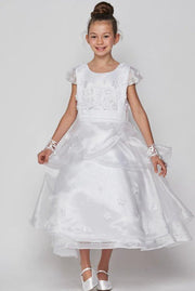 # 2903 Communion Dress Elegant layered skirt, cap sleeve, 3D flower satin organza dress.